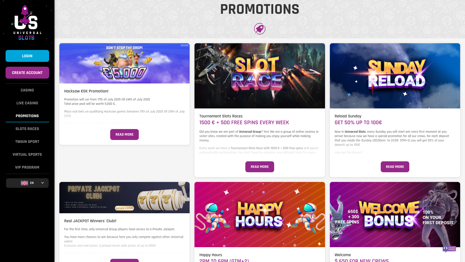 Universal Slots Desktop-Aktionen