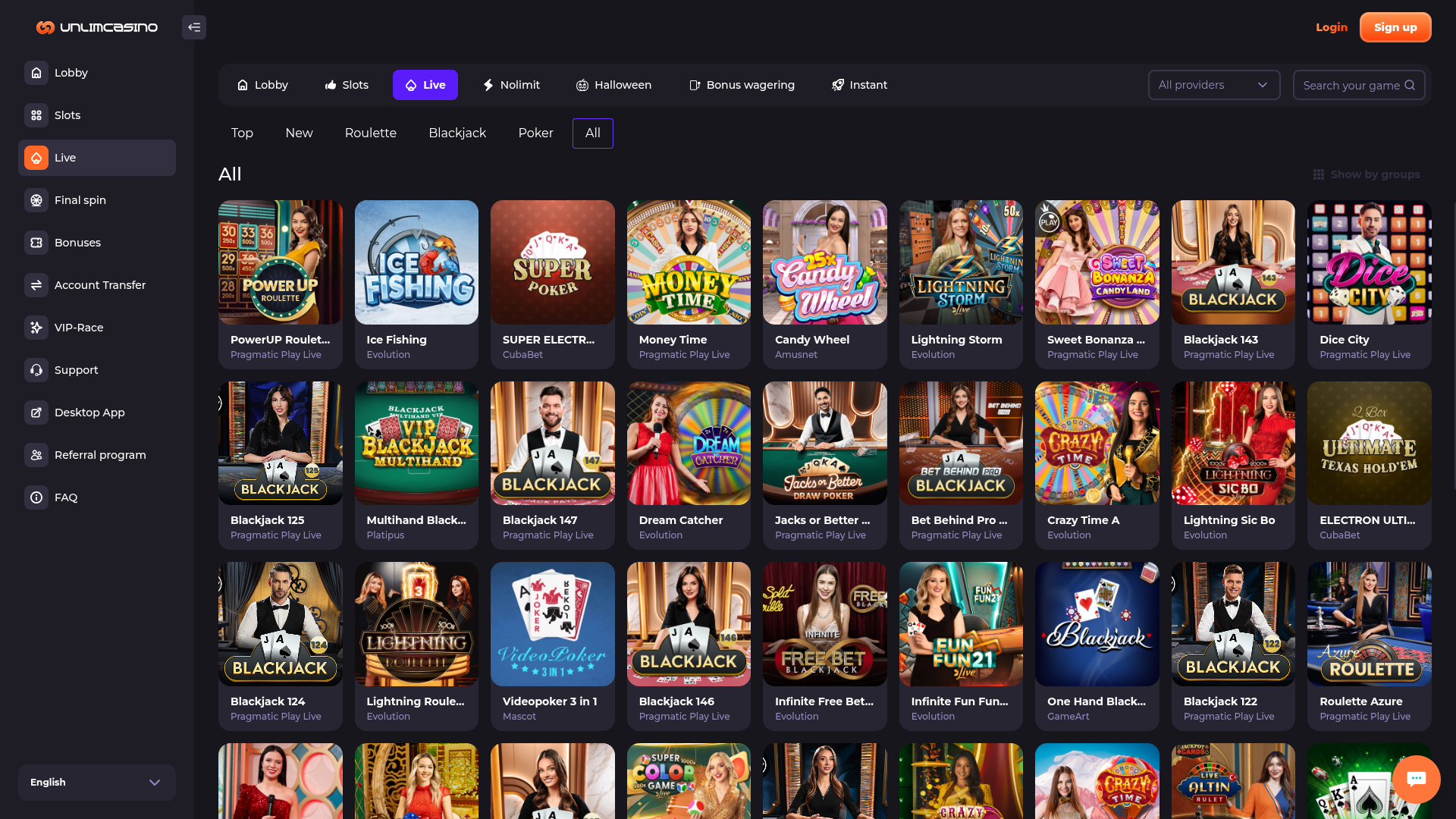 Live-Dealer auf dem Desktop von Unlim Casino