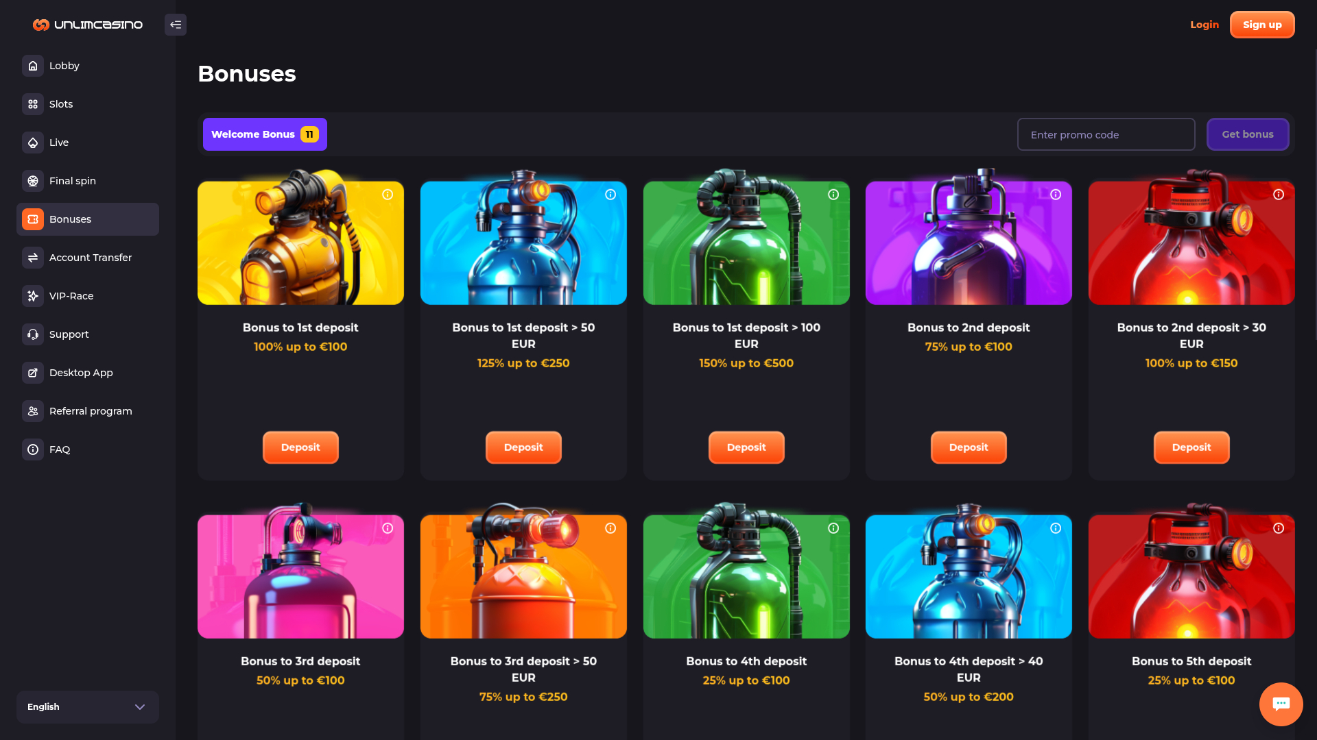 Unlim Casino Desktop-Aktionen