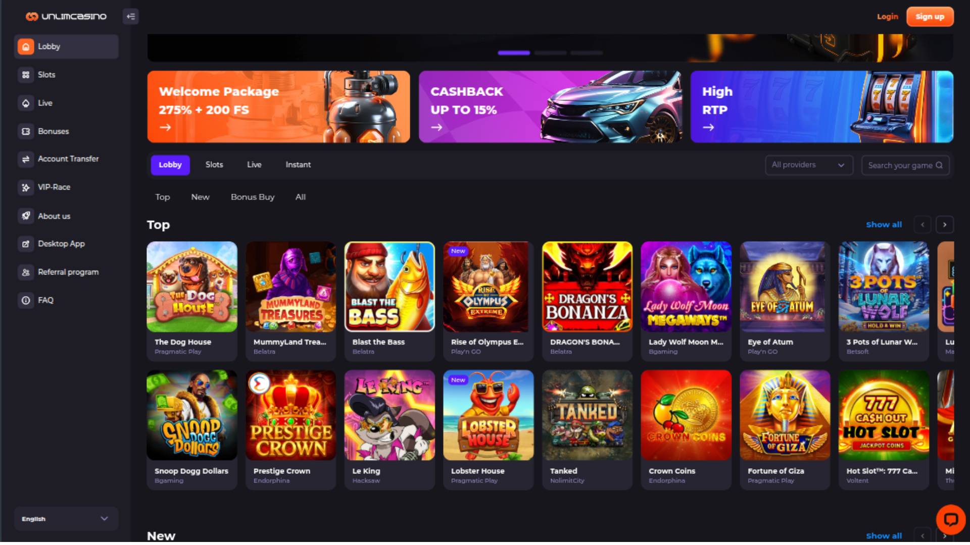 Capture d'écran de la page d'accueil d'Unlim Casino