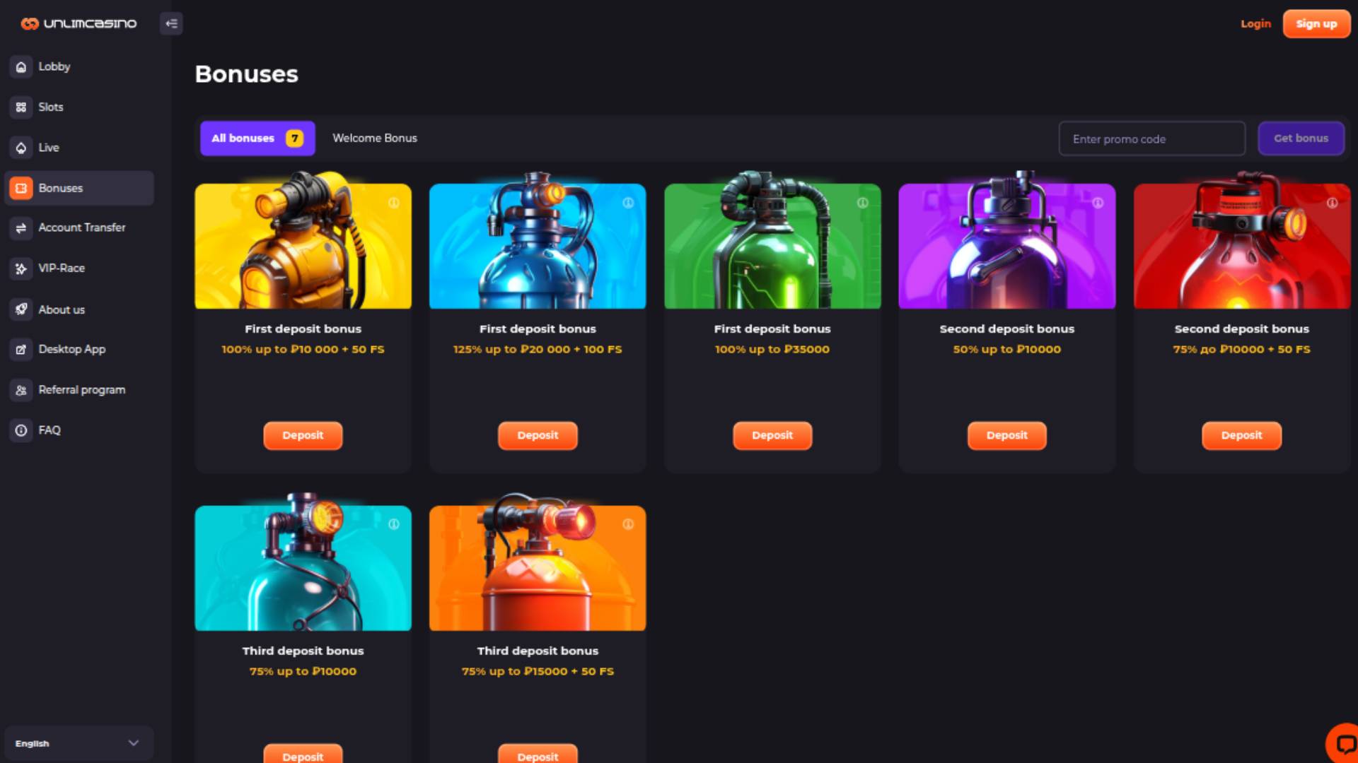Capture d'écran de la page Promotions du casino Unlim