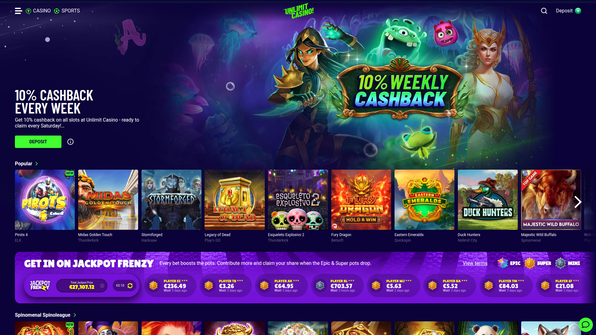 Página de inicio de escritorio de Unlimit Casino