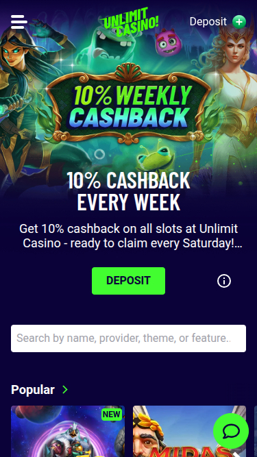 Página de inicio móvil de Unlimit Casino