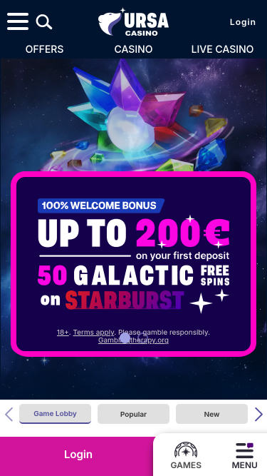 Page d'accueil mobile d'Ursa Casino