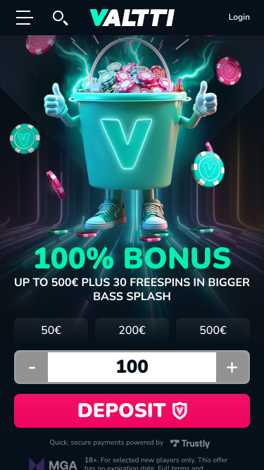 Page d'accueil mobile du casino Valtti