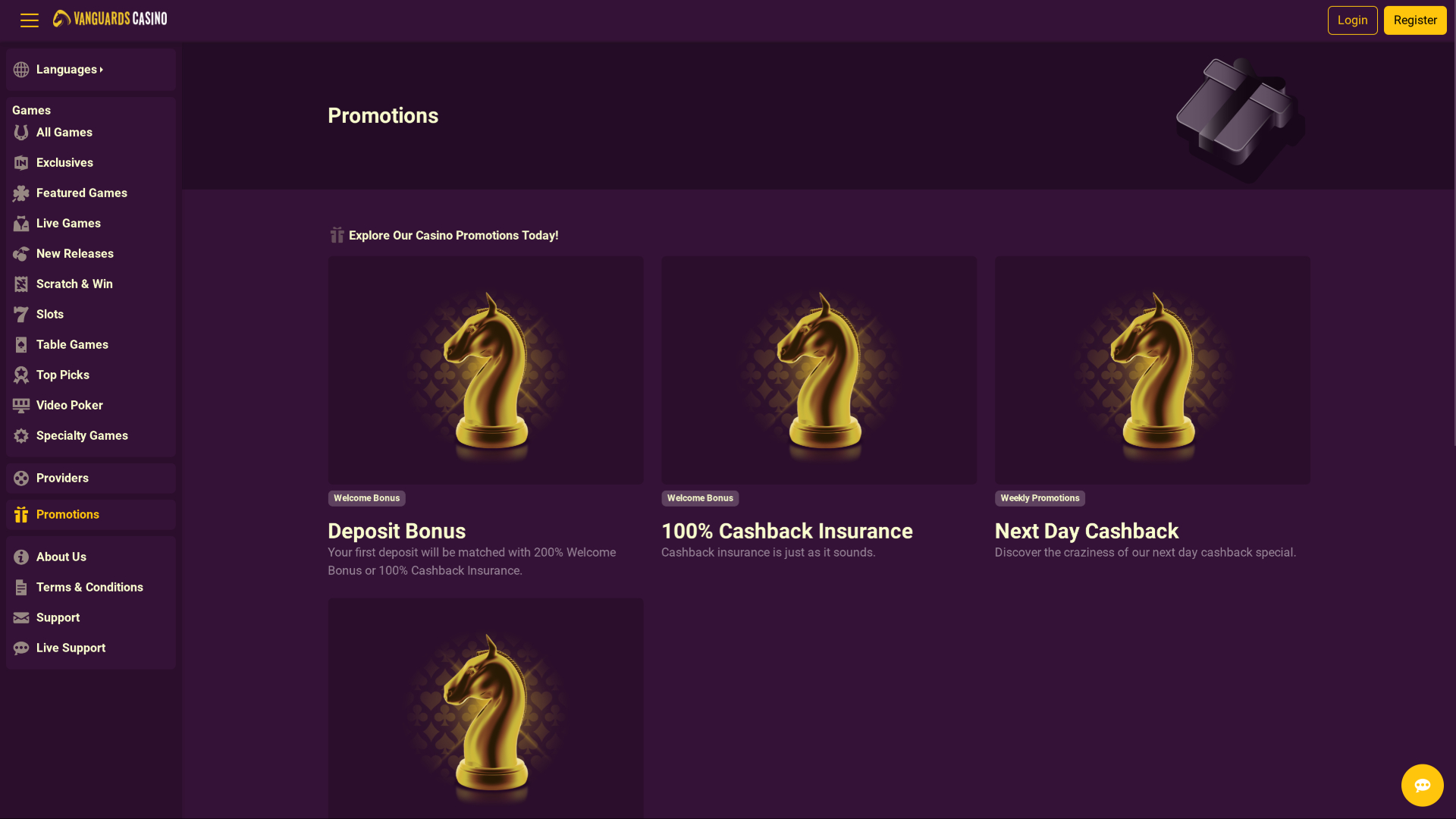 Promotions pour ordinateur de bureau du casino Vanguards