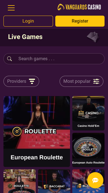 Casino mobile Vanguards avec croupier en direct
