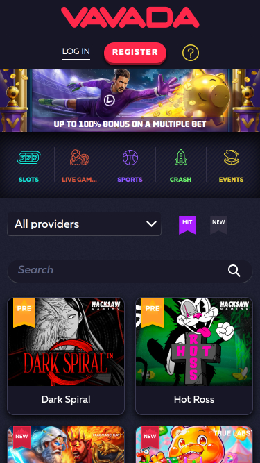 Page d'accueil mobile du casino Vavada