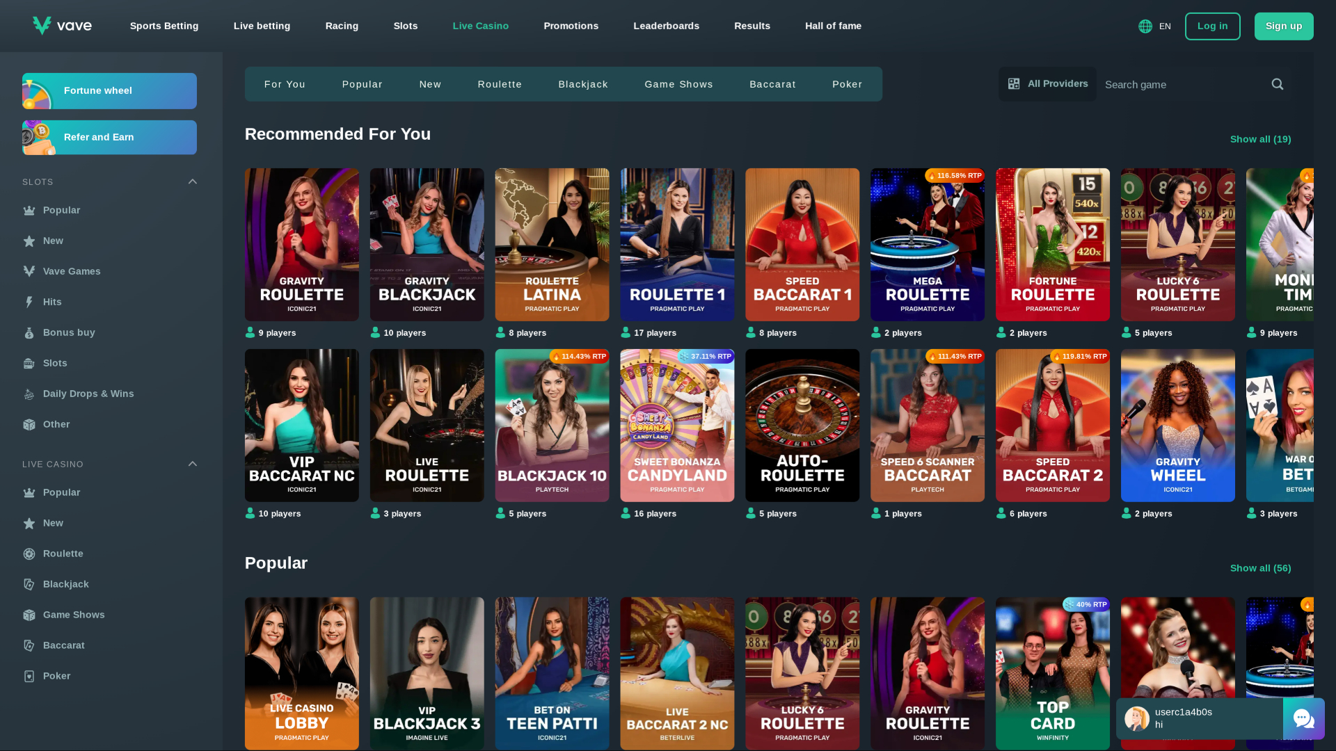 Vave Casino Desktop Live Dealer