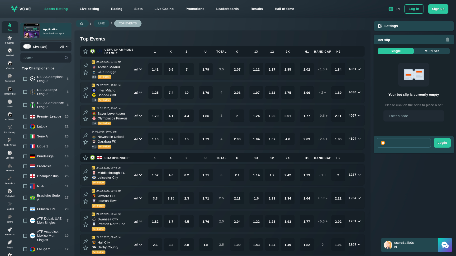 Vave Casino Desktop Sports