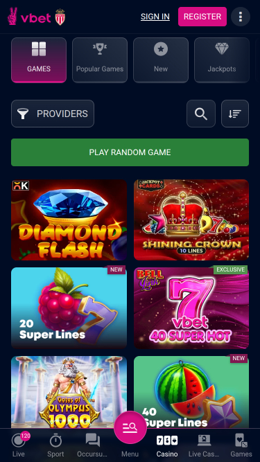 Juegos móviles del casino Vbet