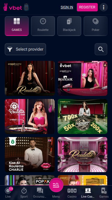 Casino móvil con crupier en vivo de Vbet