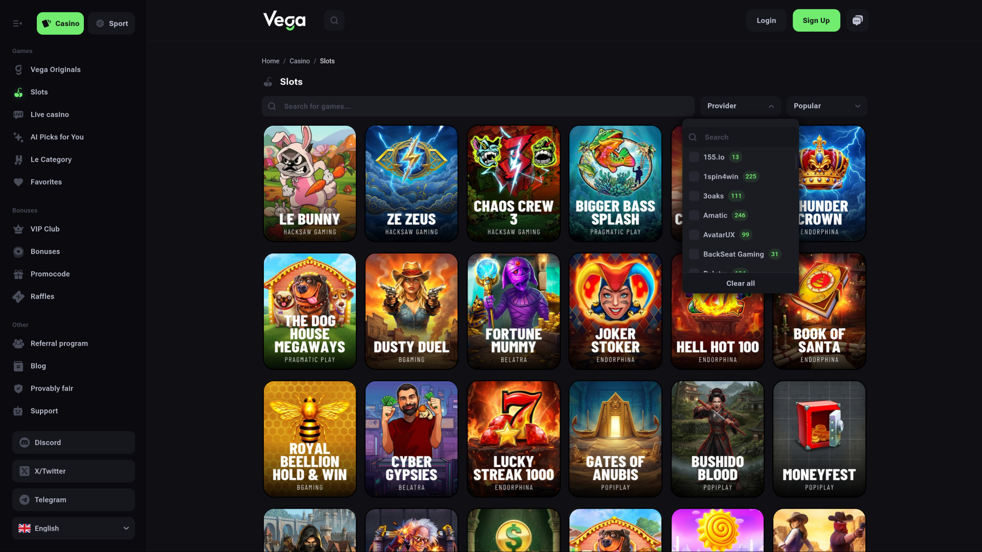 Desarrolladores de juegos de escritorio para casino VegaBet
