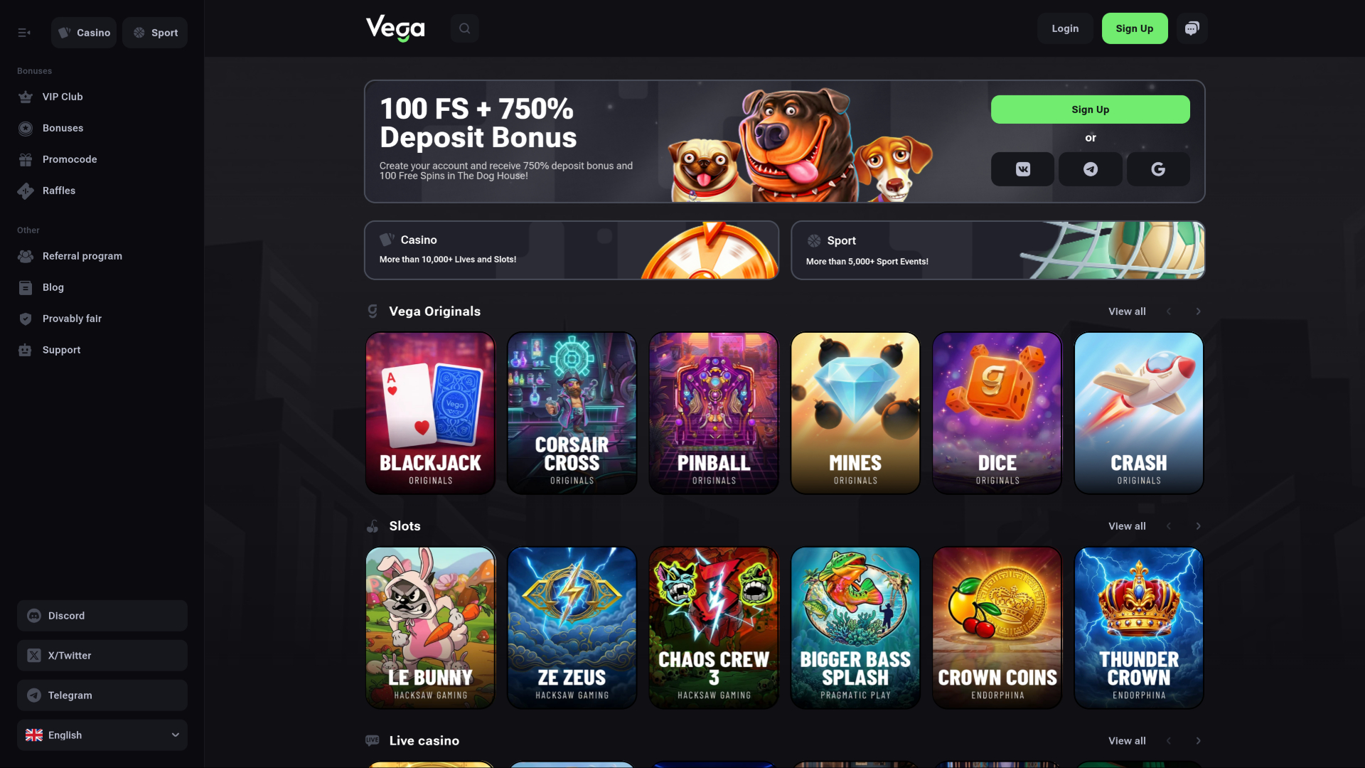 Página de inicio de escritorio de VegaBet Casino