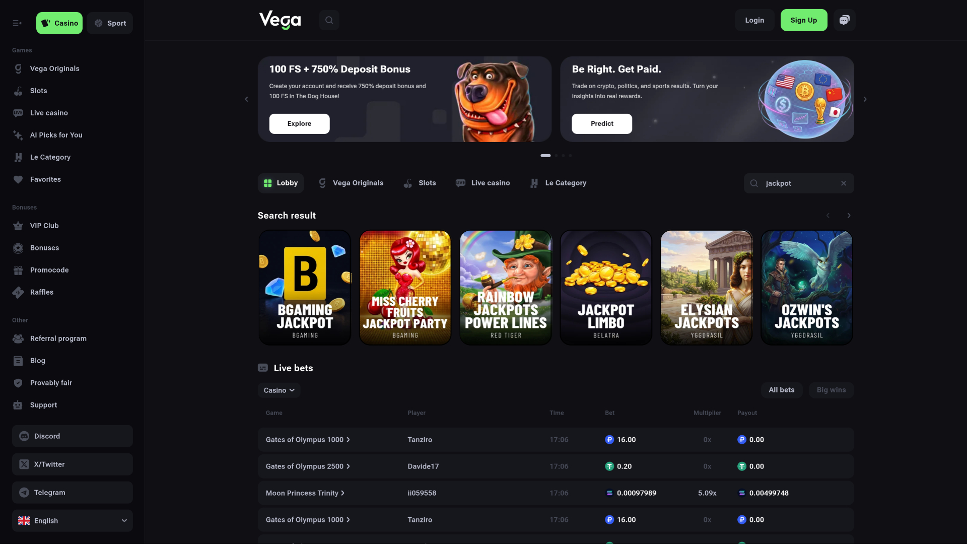 Jackpot de escritorio del casino VegaBet