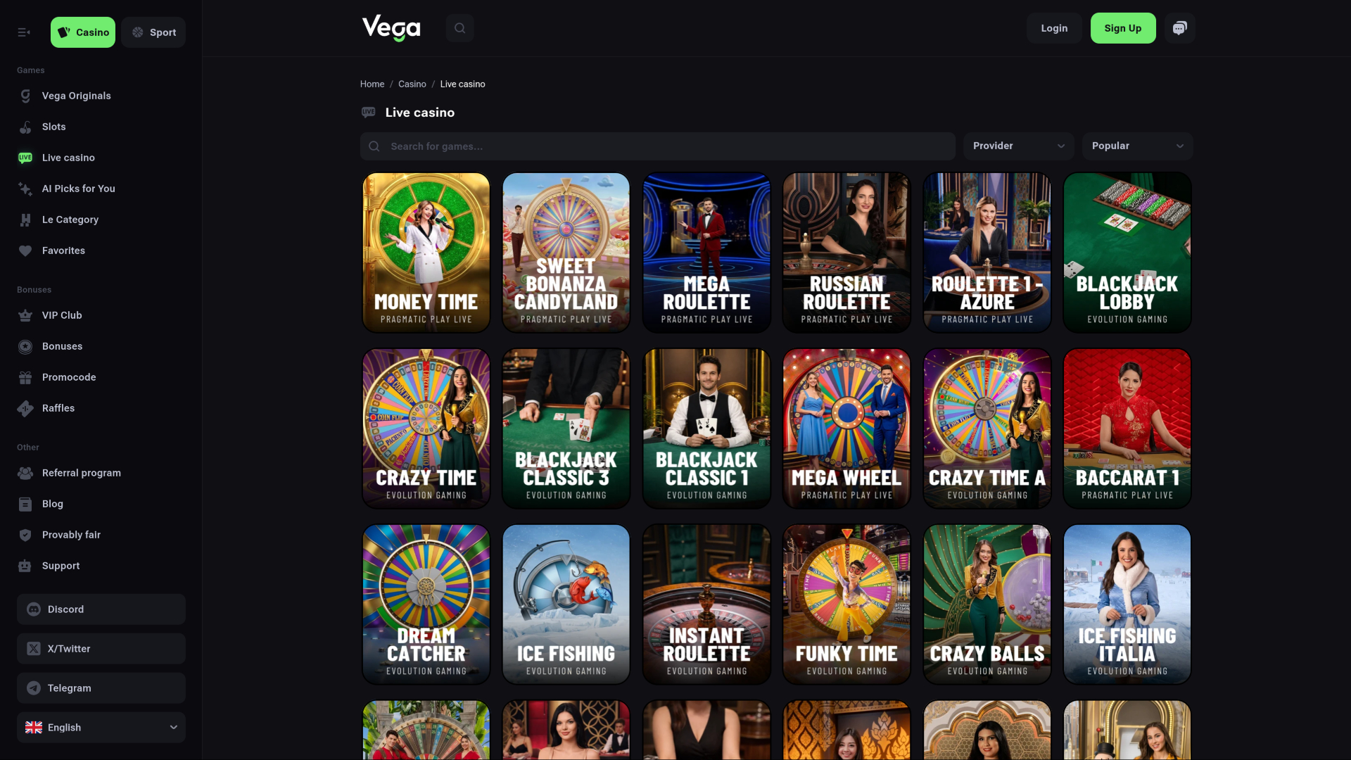 Casino VegaBet con crupier en vivo para escritorio