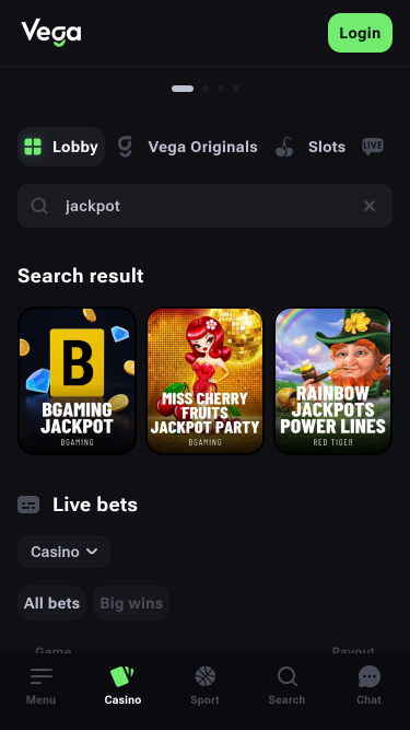 Jackpot móvil del casino VegaBet