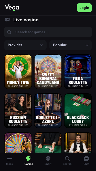 Casino móvil VegaBet con crupier en vivo