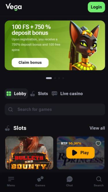 Screenshot der mobilen Startseite von VegaBet Casino