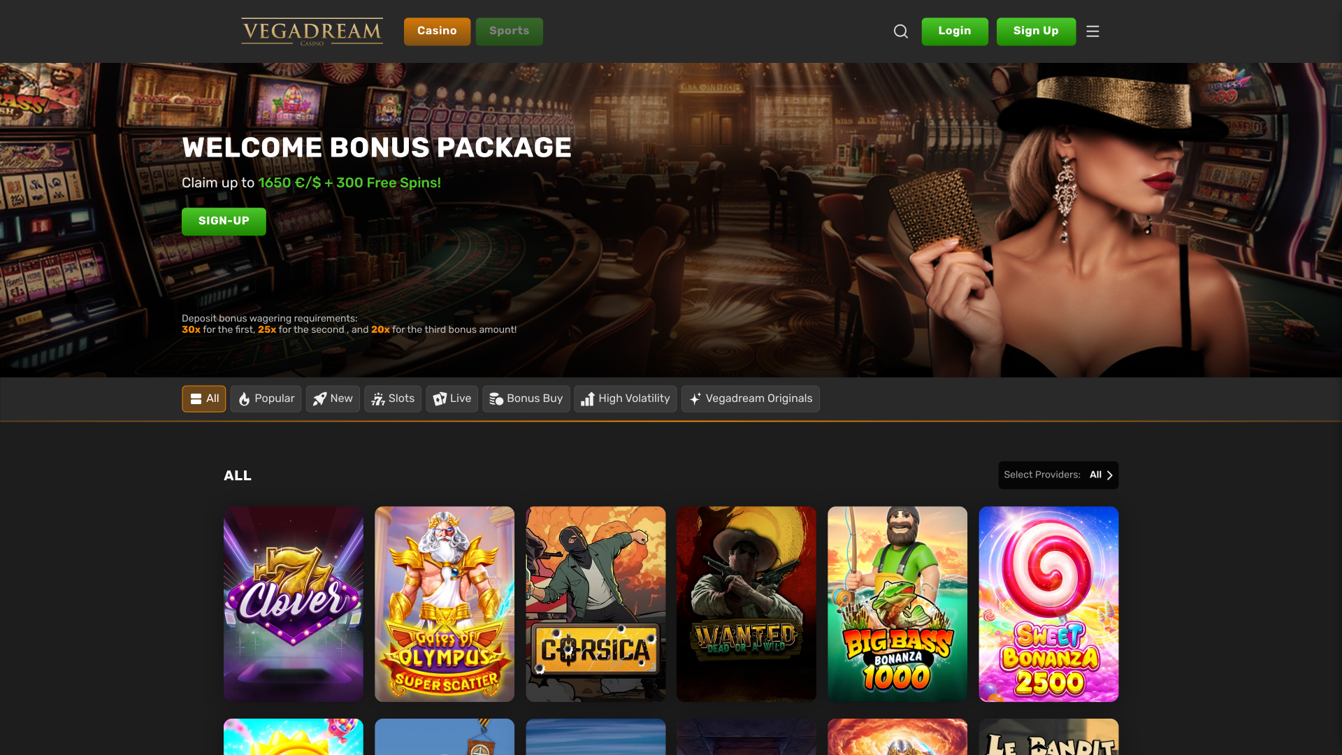Page d'accueil du casino Vegadream pour ordinateur