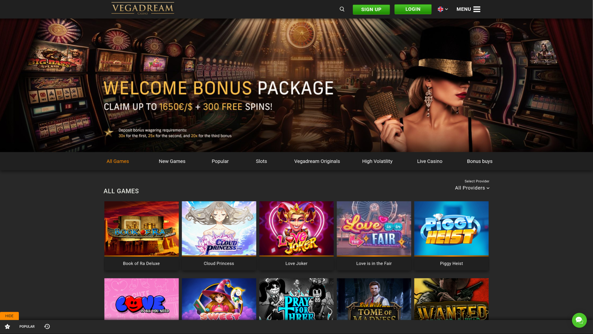 Vegadream Casino Desktop Homepage