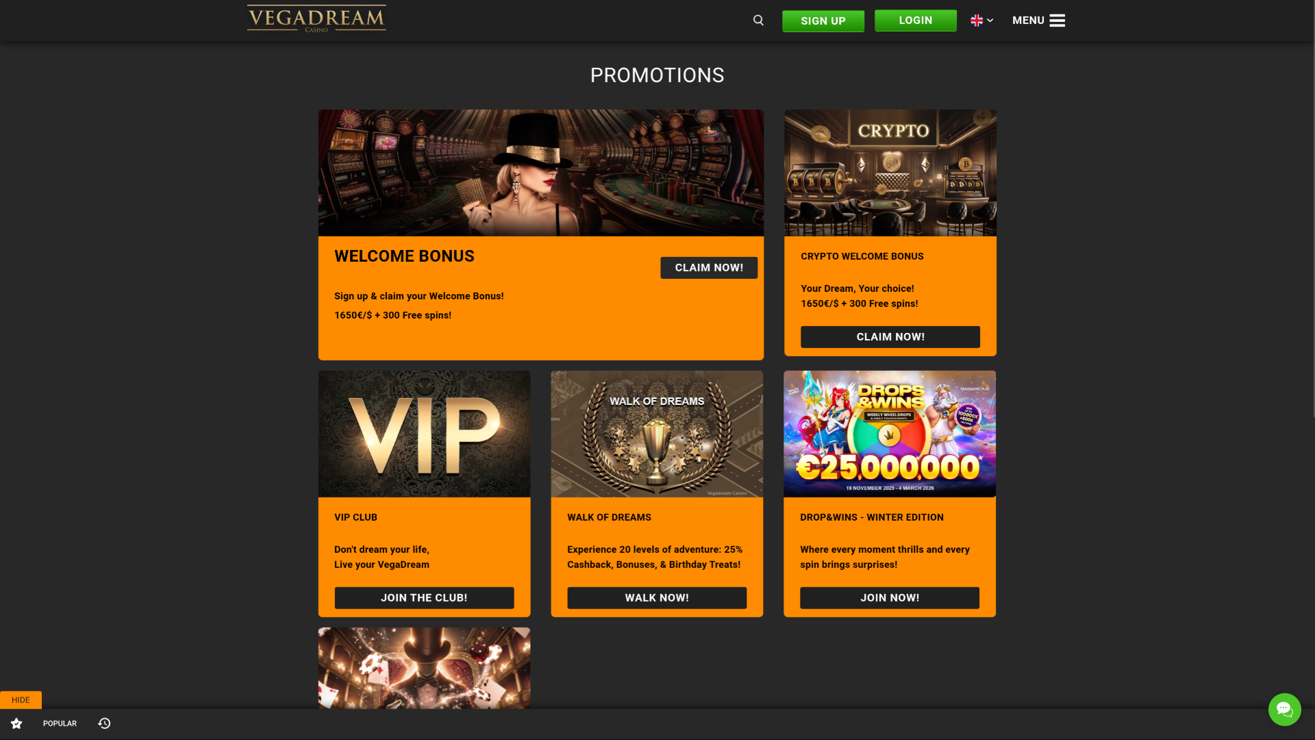 Vegadream Casino Desktop Promotions