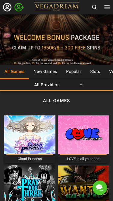 Vegadream Casino Mobile Homepage