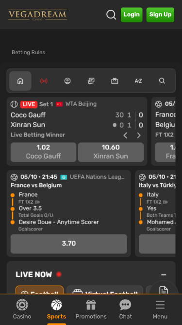 Paris sportifs mobiles au casino Vegadream