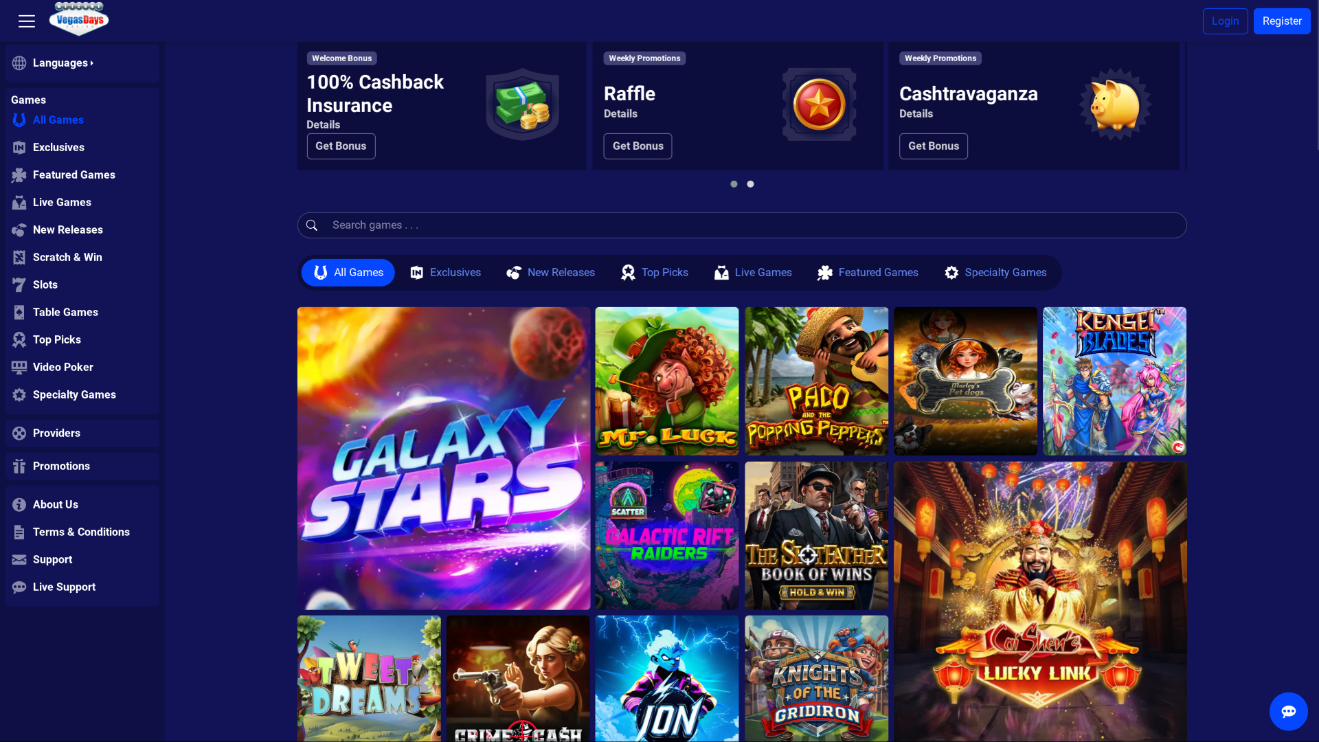 Page d'accueil du casino Vegas Days pour ordinateur