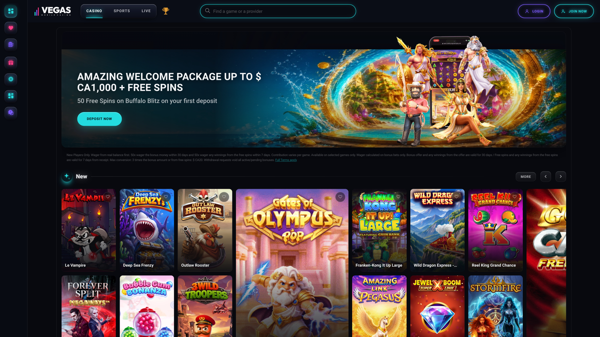 Página de inicio de escritorio del Casino Móvil de Las Vegas