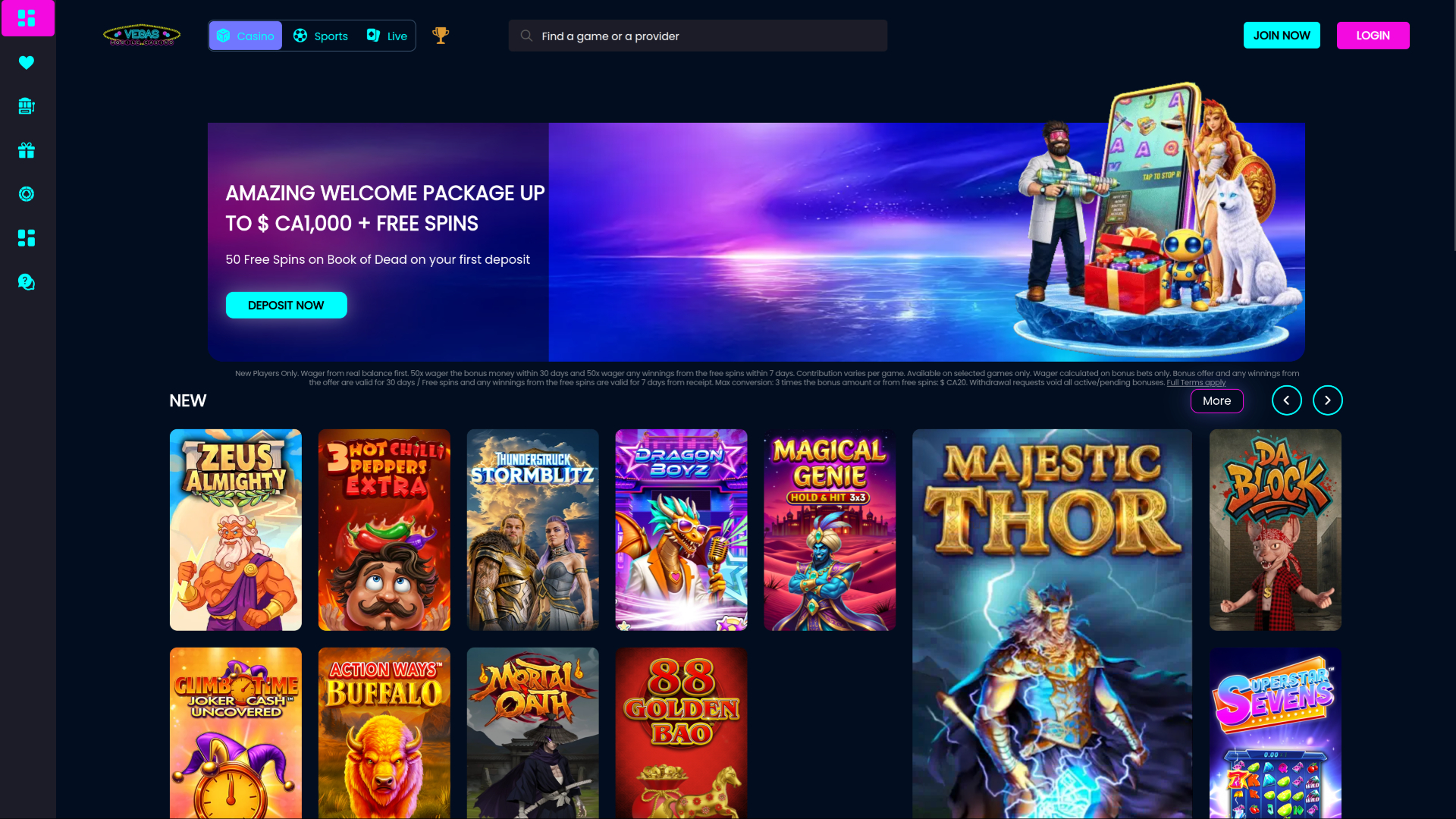 Page d’accueil du casino Vegas Mobile sur ordinateur