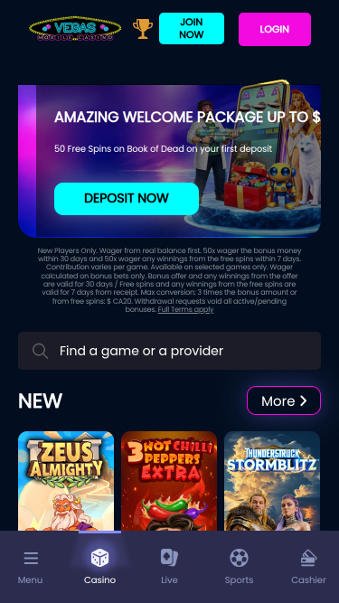 Page d’accueil mobile du casino Vegas Mobile