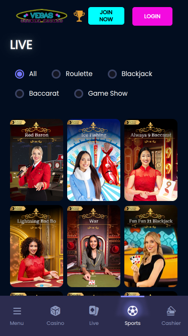 Croupier en direct mobile du casino Vegas Mobile