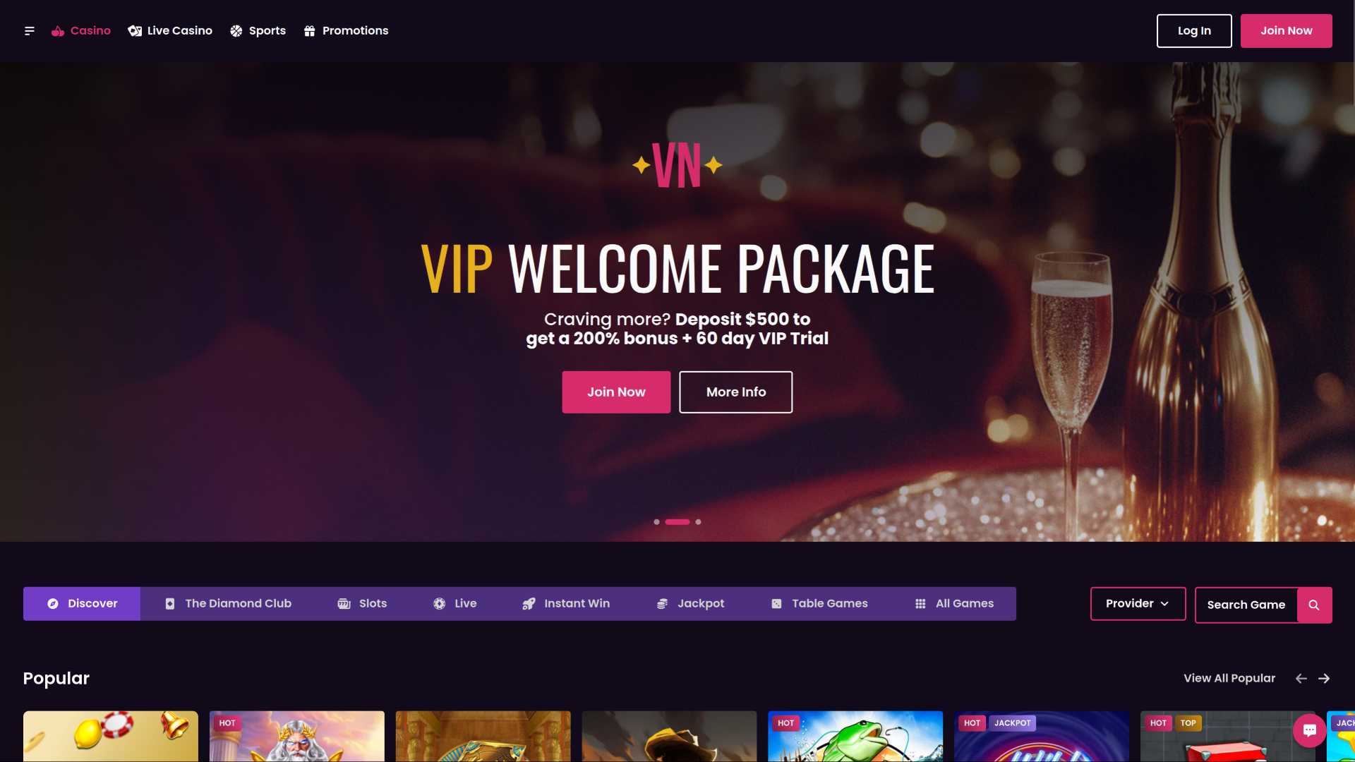 Page d'accueil du casino Vegas Now ordinateur de bureau