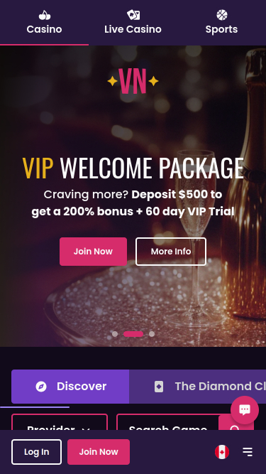 Page d'accueil mobile du casino Vegas Now