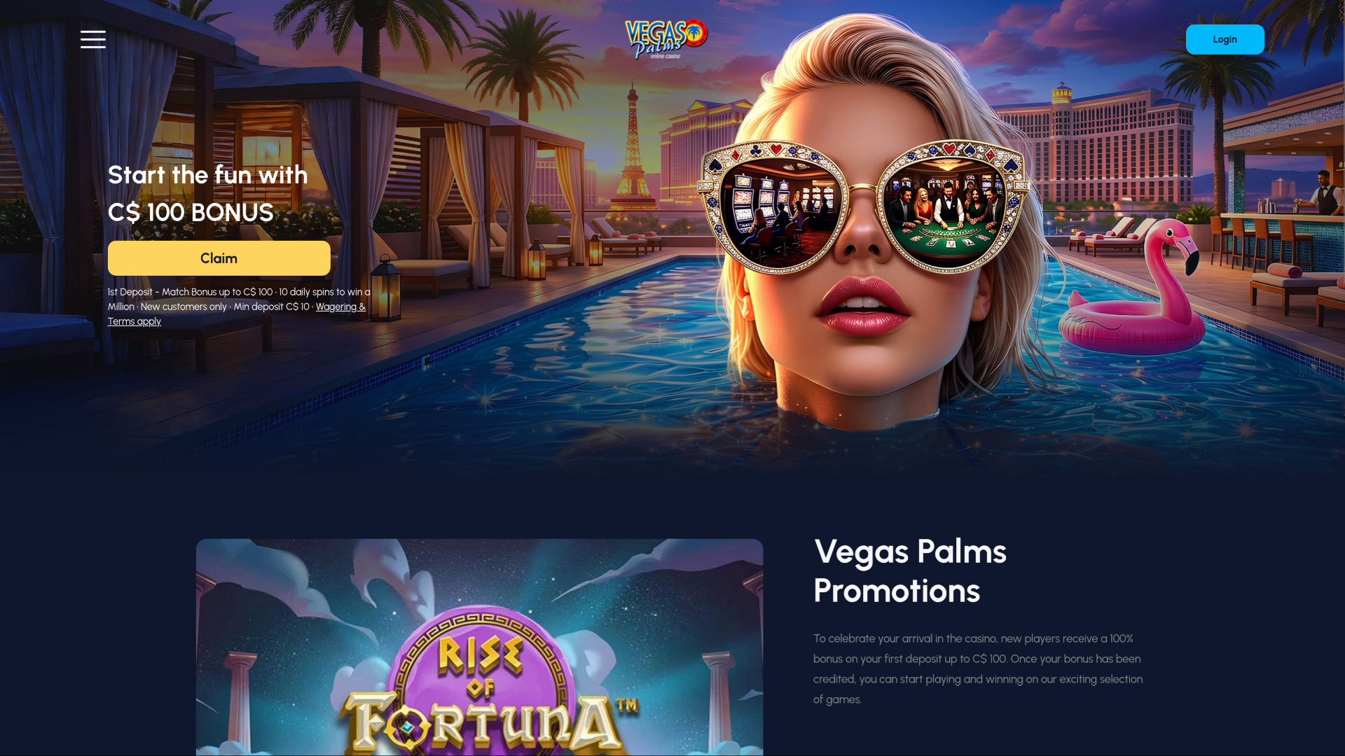 Página de inicio de escritorio del casino Vegas Palms