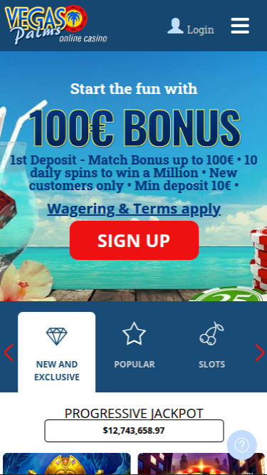 Homepage mobile di Vegas Palms Casino