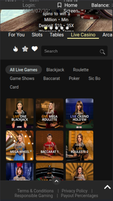 Dealer dal vivo mobile di Vegas Palms Casino