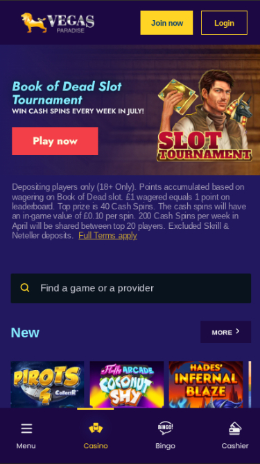 Page d'accueil mobile de Vegas Paradise Casino