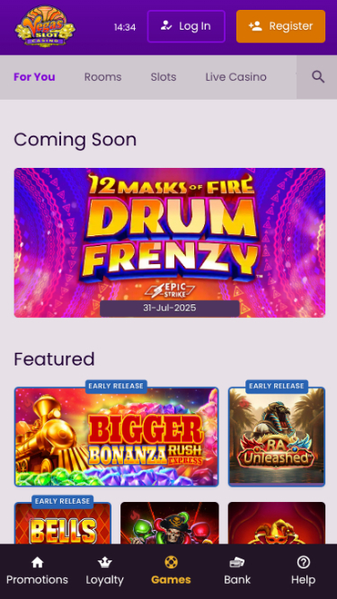 Page d'accueil mobile de Vegas Slot Casino