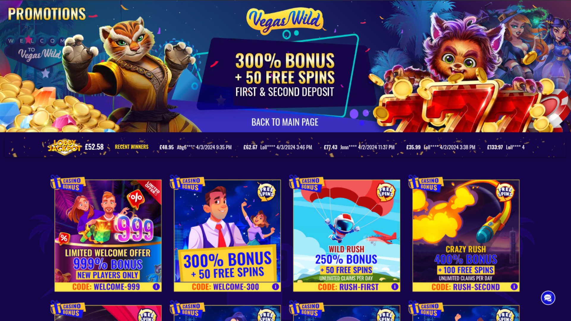 Promotions sur bureau de Vegas Wild Casino