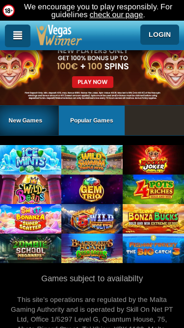 Homepage mobile di Vegas Winner Casino
