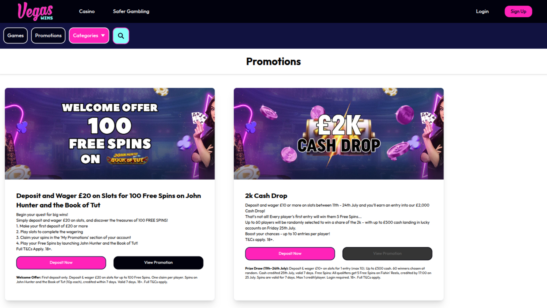 Vegas Wins Casino Desktop-Aktionen