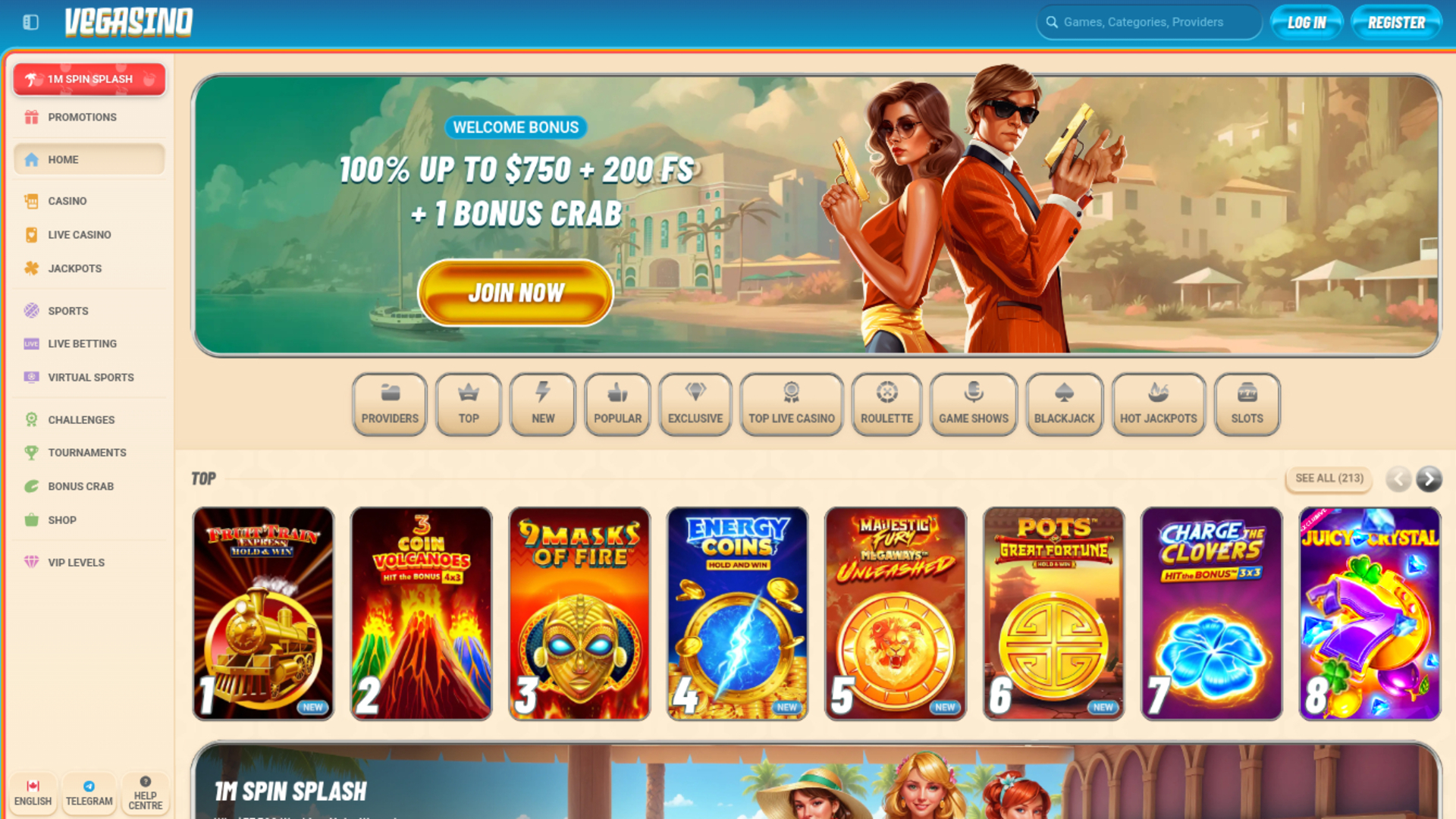 Página de inicio de escritorio de Vegasino Casino