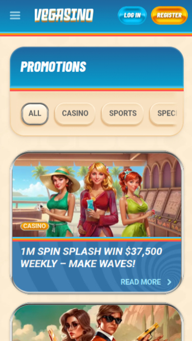 Promociones móviles de Vegasino Casino