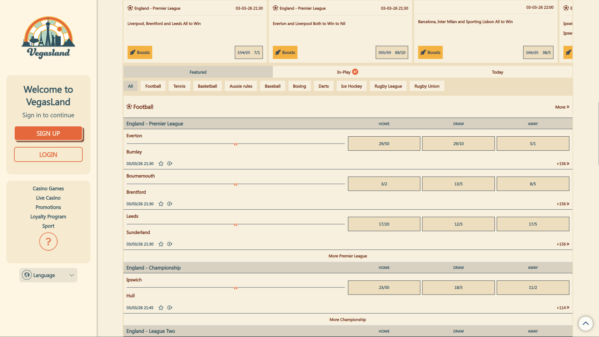 Sports du casino VegasLand sur ordinateur