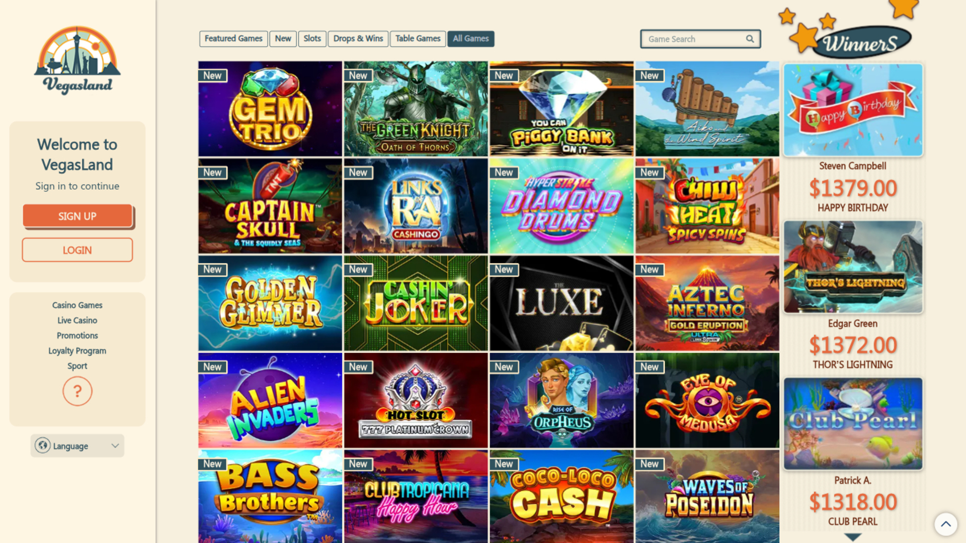 Jeux de VegasLand Casino sur ordinateur