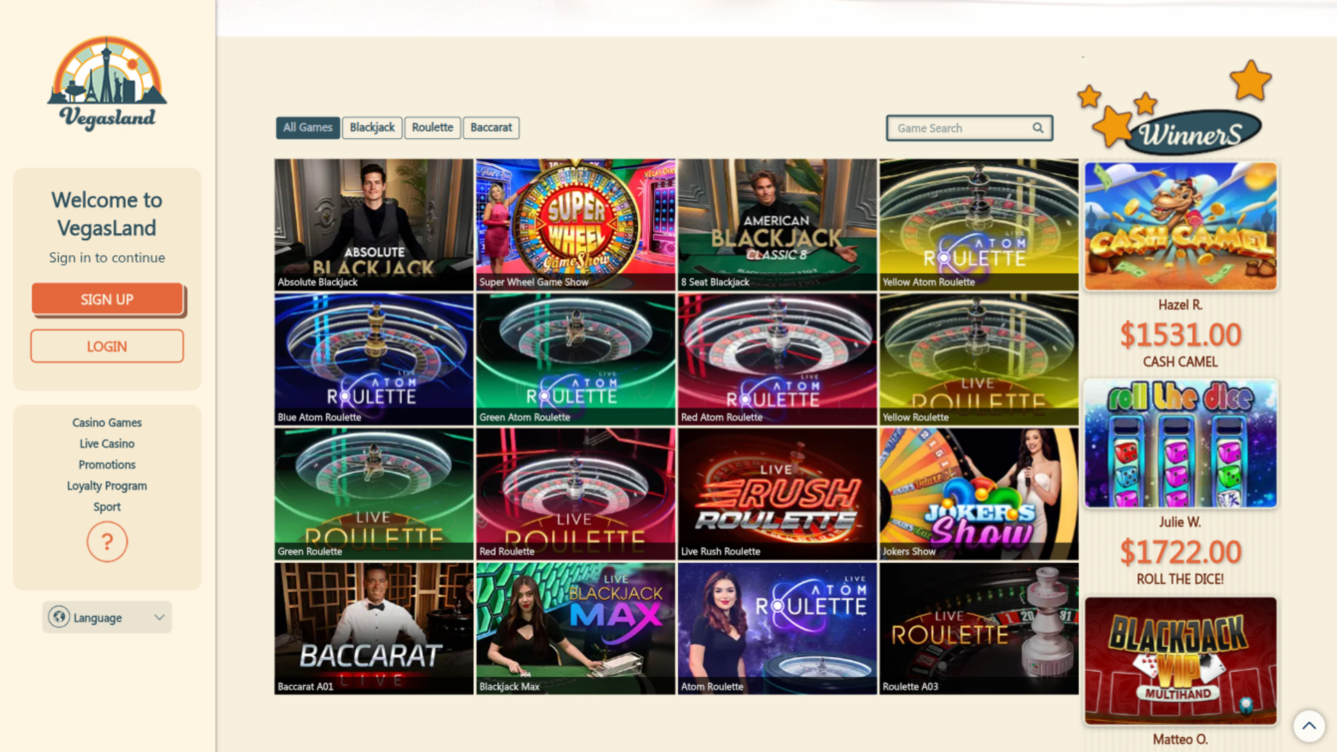 Croupier en direct de VegasLand Casino sur ordinateur