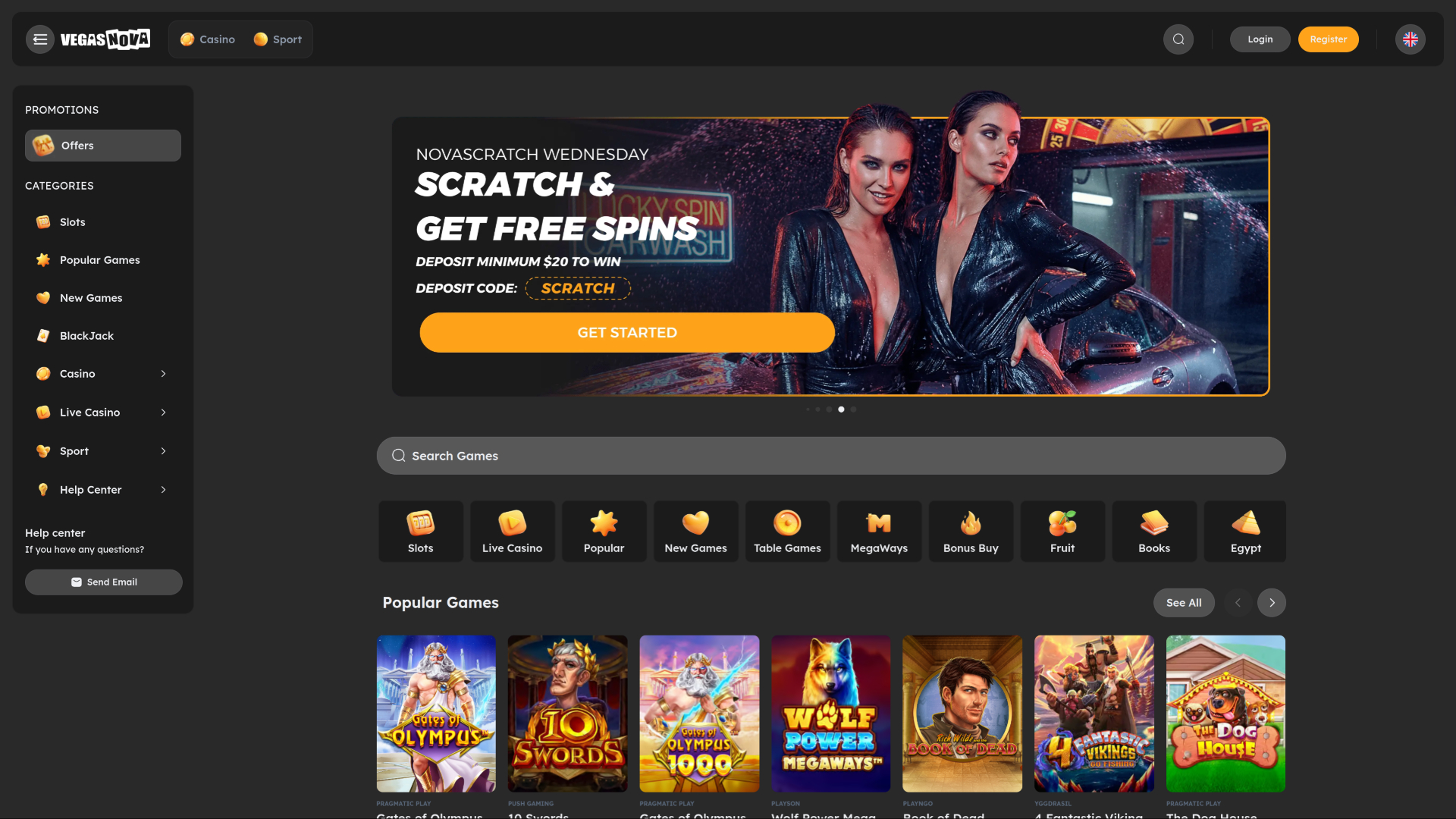 Page d'accueil du casino VegasNova pour ordinateur