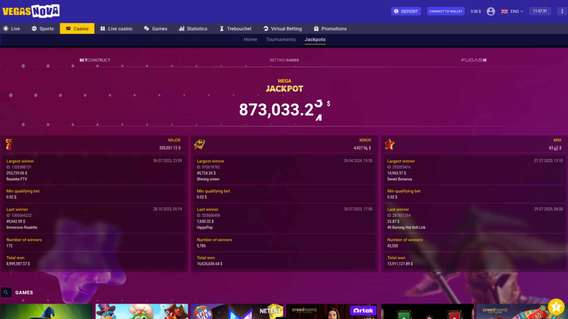 Jackpot de VegasNova Casino sur ordinateur